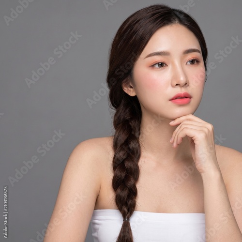 young woman with long dark braided hairstyle, natural makeup, wearing a white strapless tube top, thinking with hand on chin, thinking deeply, isolated on a gray seamless studio background
