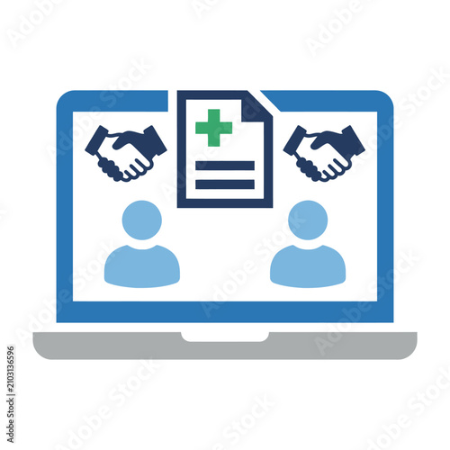 Laptop screen showing online medical agreement with handshake icons