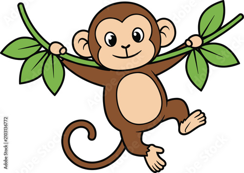 Canvas Print Cute monkey hanging from a jungle vine with tropical illustration character