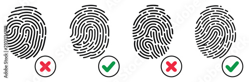 Fingerprint verification status icons with security check cross symbols for biometric access verification and user authentication