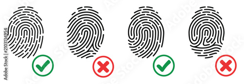 Fingerprint verification status icons with cross and check marks representing security access success authentication identity symbols