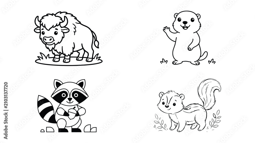 Obraz premium Cute cartoon animals illustration featuring yak squirrel raccoon and chipmunk