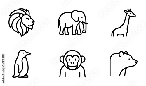 Photography Safari Animal Icons Set, Wild Zoo Creatures Vector Graphics, Cute Wildlife Line