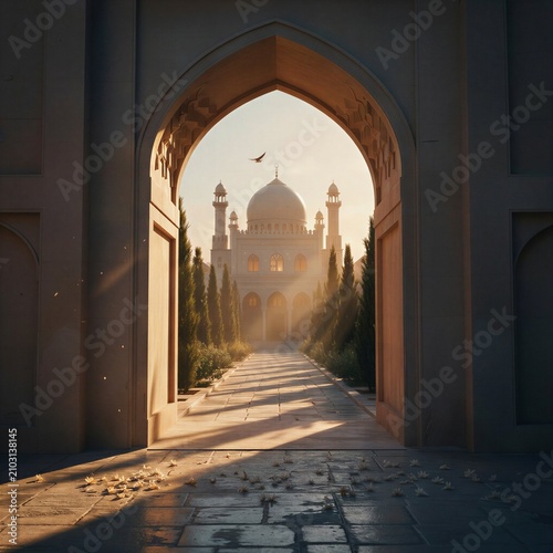 Beautiful Islamic Archway Leading to a Glowing Mosque with Golden Light Rays – Cinematic Islamic Background