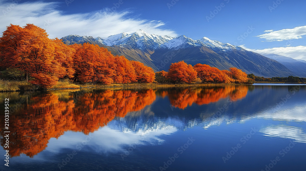 Naklejka premium Autumn trees with orange leaves reflect on calm lake under snow capped mountain peaks