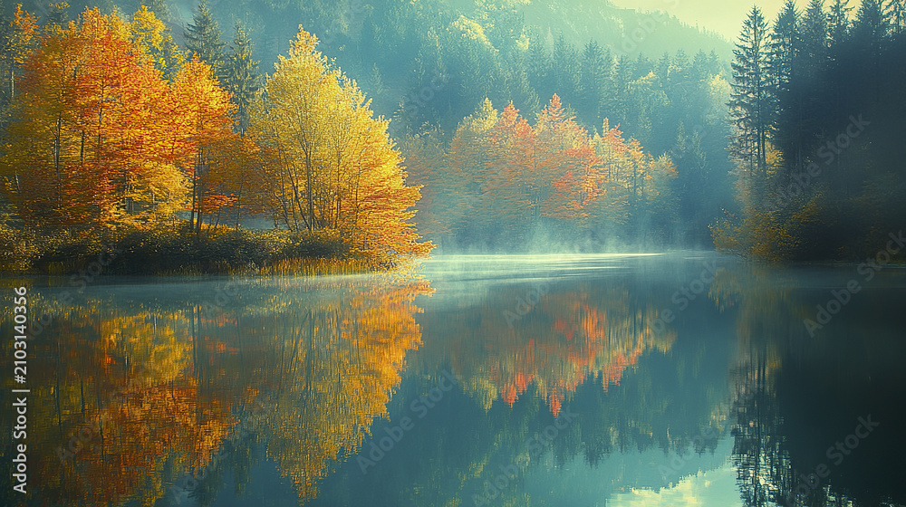 Fototapeta premium Tranquil autumn morning by glassy blue lake with colorful trees reflecting calm water