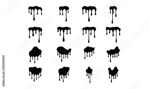 Dripping chocolate effect icons in black silhouette style for food, branding, and design projects