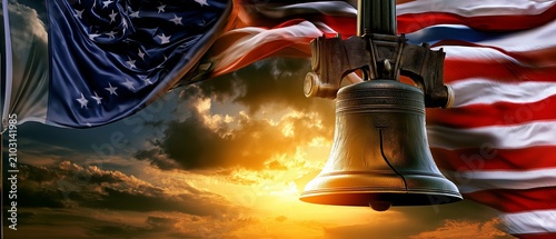 Liberty Bell with American Flag at Sunset