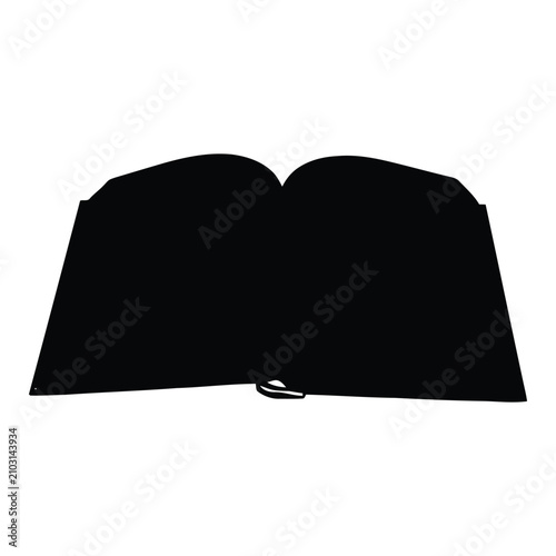 A black silhouette of an open book with visible pages, isolated on a white background, representing reading, education, and knowledge