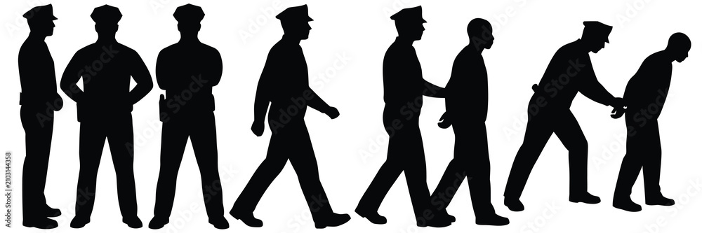 Fototapeta premium Collection of police officer silhouettes including arrest and patrol scenarios isolated on white for law enforcement and criminal justice graphic projects.