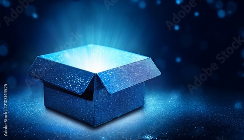 D Blue Mystery Box With Illuminated Lighting Glitter On Dark Background