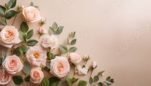 Fresh Natural Rose Wall With Small Delicate Blooms And Muted Green Leaves On Warm Cream Vintage Background Misty Soft Lighting Ultra Clean Aesthetic