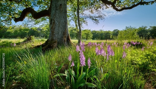 Beneath The Shelter Of An Old Tree A Cluster Of Baltic Marsh Orchids Rises From The Grass Baltic Marsh Orchids Dactylorhiza Majalis Subsp Baltica Growing In A Natural Woodland Meadow