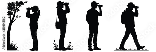 Set of silhouettes depicting people observing nature with binoculars in various outdoor positions, isolated on a clean white background for design projects.