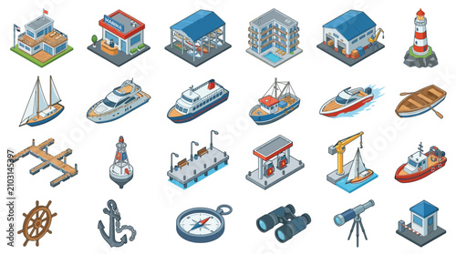 Tableau sur toile Corporate Set of Isometric Marine and Coastal Infrastructure with Boats Building