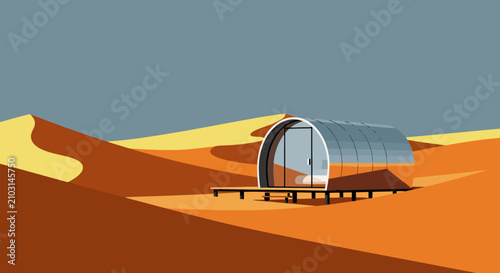 Modern eco pod cabin situated in a vast desert landscape at sunset