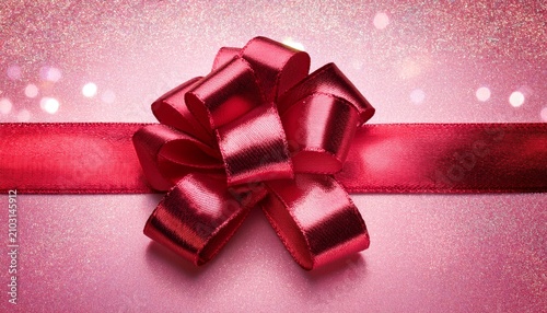Shiny Red Metallic Gift Bow Ribbon On Glittery Pink Background