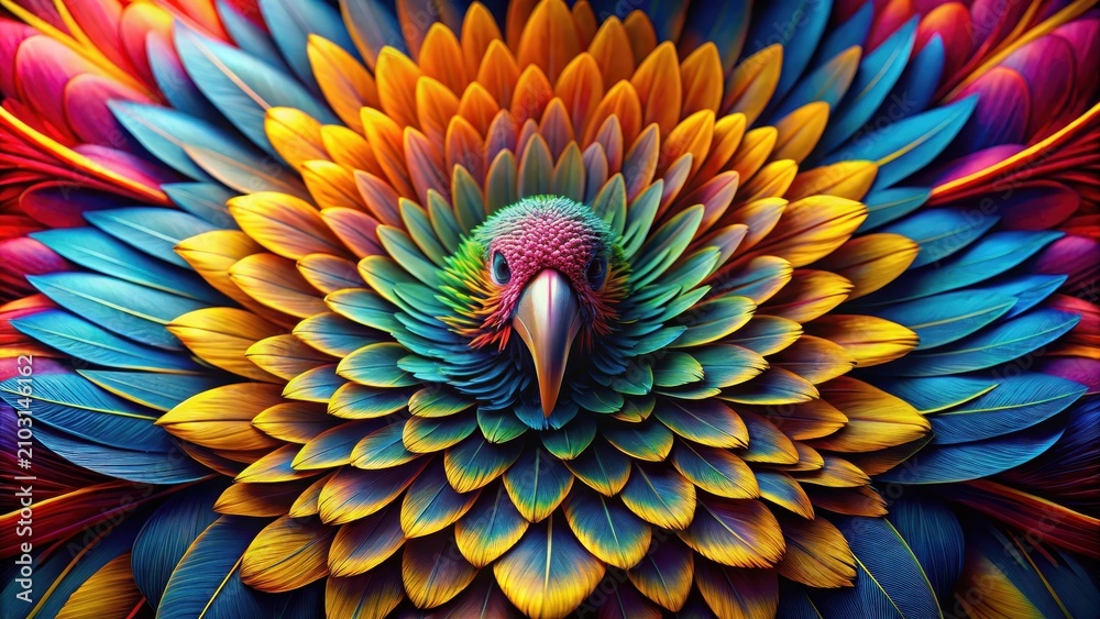 Obraz premium Vibrant plumage unfolds in a kaleidoscope of colors, revealing intricate patterns and textures