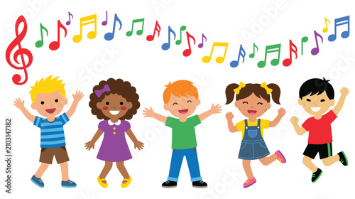Happy children dancing with colorful musical notes floating in air isolated on white image.