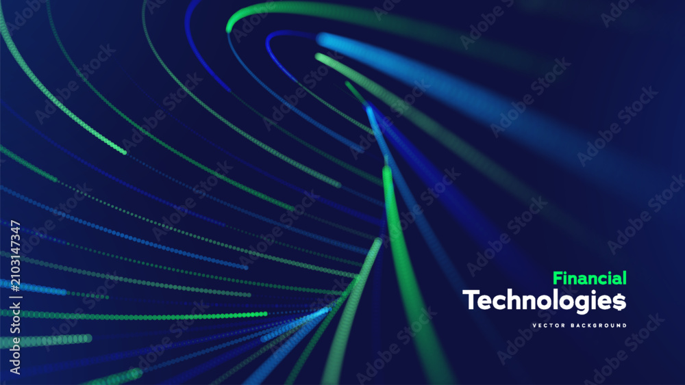 Naklejka premium Financial Technology Abstract Background With Glowing Data Flow And Neon Particle Lines. Modern FinTech Network For Digital Innovation. Financial Technologies. Vector Illustration.