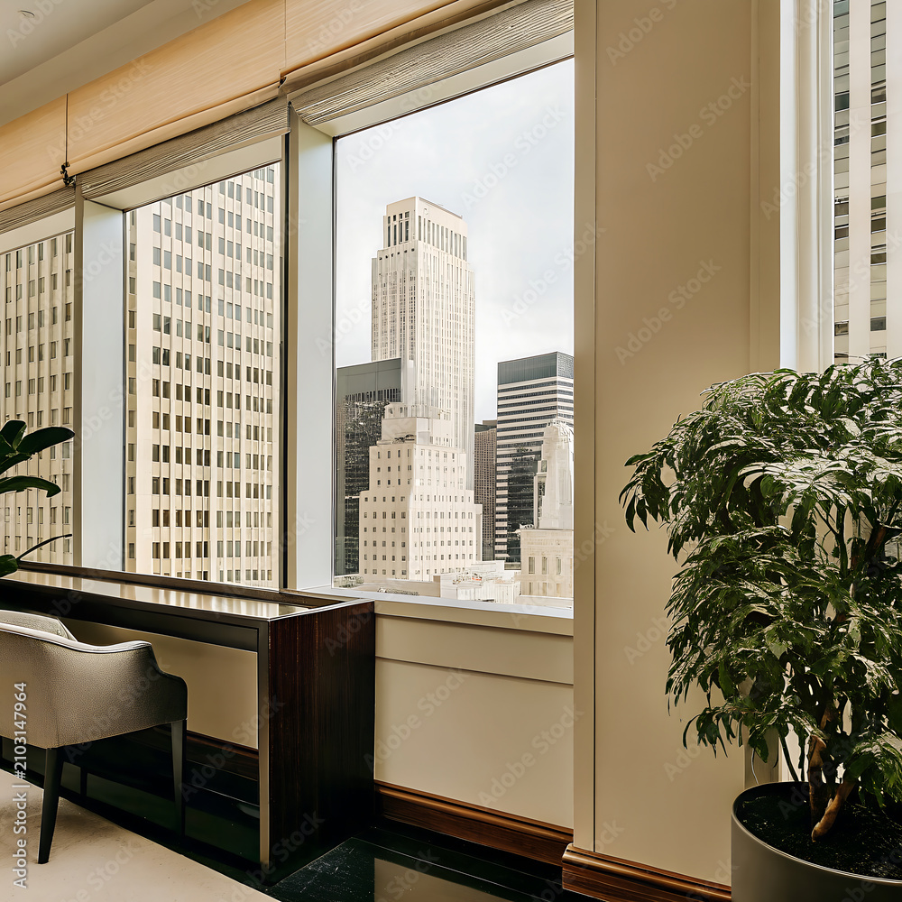 Obraz premium Office window overlooking a city skyline interior view with natural light and potted plant architecture