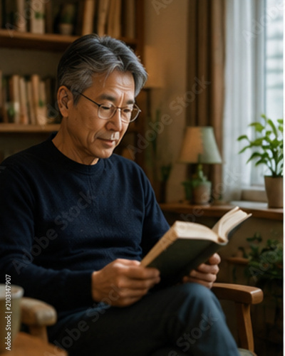 Middle aged man reading a book at home