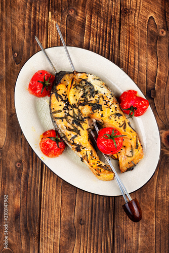 Salmon Steak on Skewers with Oven Roasted Tomatoes and Black Sesame