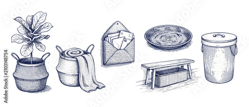 Fotografie Woven storage basket sketch illustration set of hand drawn boho home decor elements including fiddle leaf plant laundry hamper wooden bench blanket organizer isolated on white background