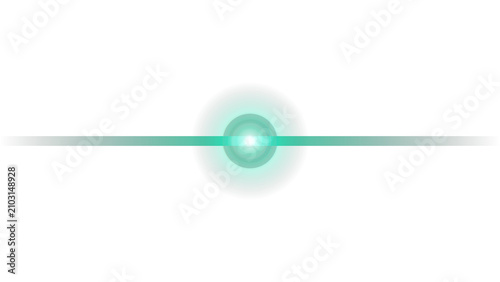 Green linear light beam with a central glowing orb on white background