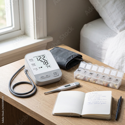 Digital blood pressure monitor, pill organizer, and handwritten health journal on a wooden bedside table, reflecting a daily wellness routine.
