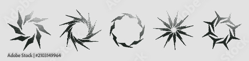 Set of abstract spiky tribal elements. Grunge sharp circular thorn-like edges and frames with a grainy dithered halftone texture.