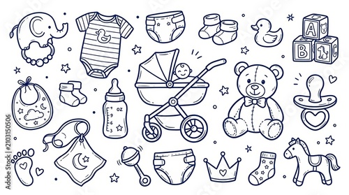 Baby items and accessories doodle set isolated on white background