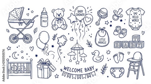 Set of cute baby shower doodles isolated on white background
