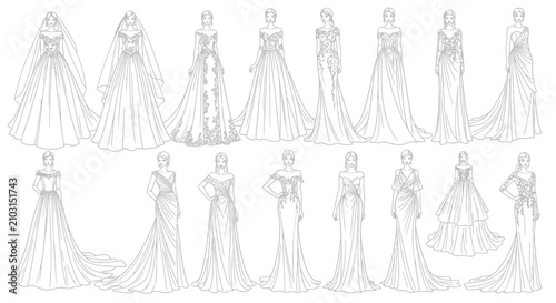 Fotografía Variety of wedding dresses on paper.