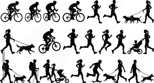 Photos Set of diverse people silhouettes engaged in outdoor fitness activities running