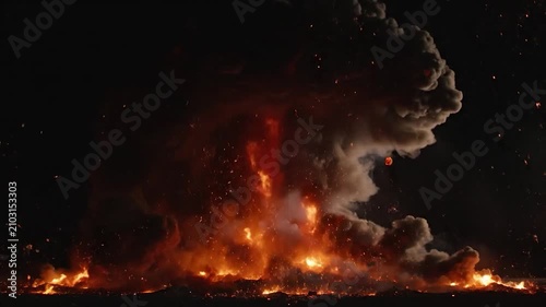 Powerful fire explosion with orange flames and sparks on black background