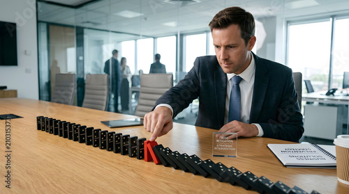 Domino Effect Strategy: A focused businessman in a sharp suit initiates a chain reaction by pushing a domino, symbolizing business strategy, risk, and consequences in a modern office setting.