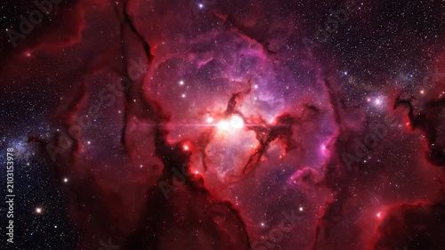 Vibrant red nebula and glowing stars shine in the deep cosmic space