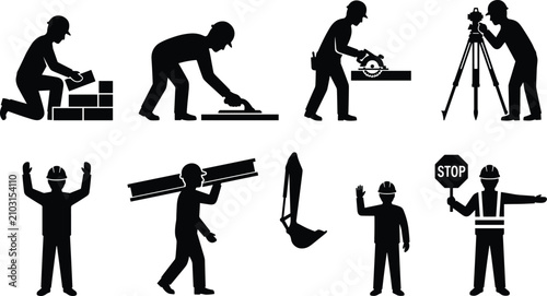 Obraz na płótnie Construction Worker Silhouette Icons Set with Mason Surveyor Carpenter and Traff