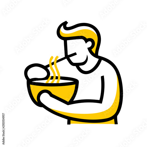 Man eating noodles icon. Person enjoying a bowl of hot ramen or pasta vector illustration.