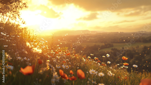 Wild poppy and daisy flowers basking in warm golden hour light with scenic countryside view