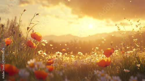 Wild poppies and daisies basking in golden hour sunlight with warm peaceful atmosphere