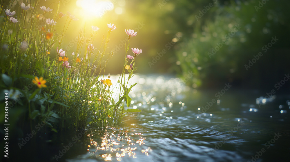Obraz premium Wildflowers growing freely near gentle stream with sunlight creating peaceful atmosphere