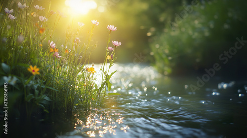 Wildflowers growing freely near gentle stream with sunlight creating peaceful atmosphere
