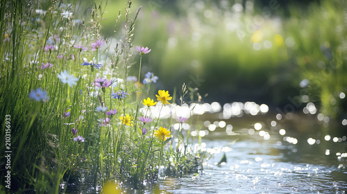 Wildflowers growing freely near gentle stream with sunlight creating peaceful mood