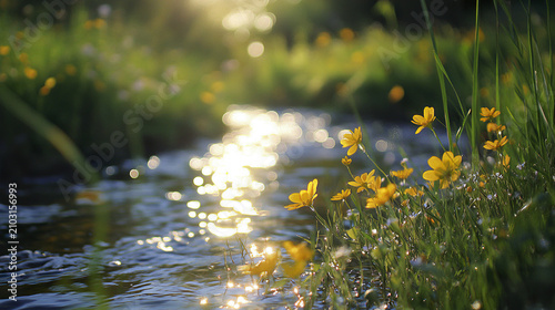 Wildflowers growing freely near gentle stream with sunlight reflecting warmly on water