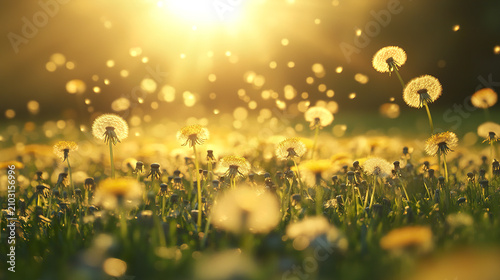 Golden sunlight shines on field of dandelion seed heads with soft glowing bokeh lights