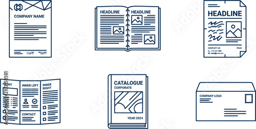 Fotografia Set of professional corporate stationary and print layout line icons including b