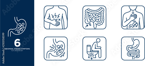 Linear Icon Set Illustrating Common Gastrointestinal and Digestive System Symptoms and Health Conditions