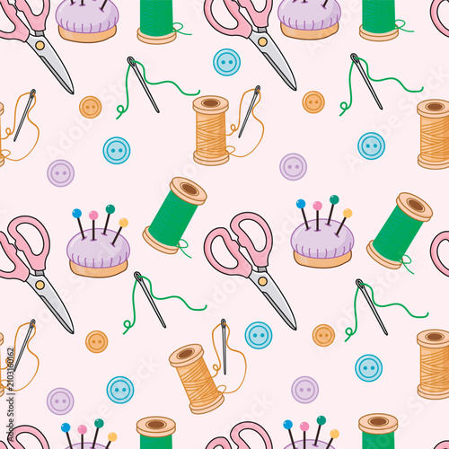 Seamless pattern with sewing supplies in a cute cartoon style on a delicate pink background
